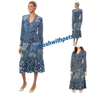 Michael Kors 3 Print Ellip Contrast Printed Long Sleeve Dress Blue Petite M New